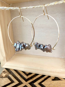 Noori Earrings - Inverted Hammered Hoops with Grey Freshwater Pearls - Sterling Silver or Gold Fill