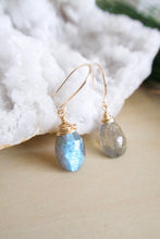 Load image into Gallery viewer, Labradorite Gemstone drop earrings wire wrapped in gold fill wire and suspended from 14k gold fill ear wires