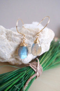 labradorite gemstone earrings with blue green flash on gold fill ear wires