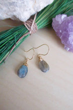 Load image into Gallery viewer, Labradorite Gemstone Drop Earrings - Blue Green Flash - One of a kind