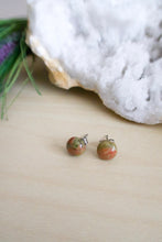 Load image into Gallery viewer, Simple everyday small green and pink gemstone stud earrings on surgical steel posts 