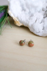 Simple everyday small green and pink gemstone stud earrings on surgical steel posts 