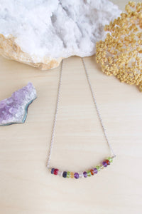 Mixed gemstone confetti bar necklace silver finish 