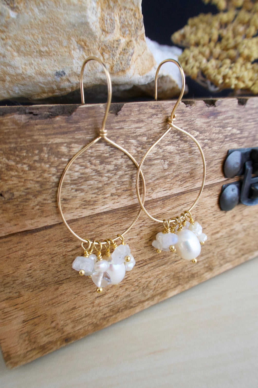Gold Fill Hoops with White Pearl and Gemstone Dangles
