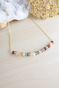 multi gemstone bar necklace 2 inches on a gold plated chain 