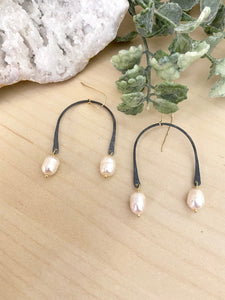 Oxidised U shape Earrings with Freshwater Pearls - Mixed Metal Earrings - Sterling silver and Gold filled