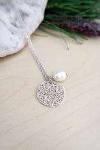 Load image into Gallery viewer, Silver Wire Crochet Sona Necklace with Freshwater Pearl Drop