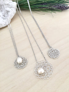 Wire Crochet Sarah Necklace -Delicate Lacy Woven Wire Pendant with Freshwater Pearls
