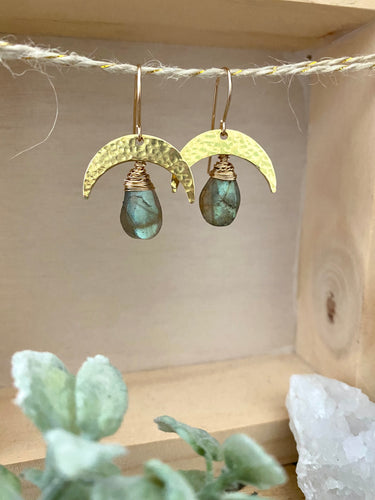 Labradorite crescent moon earrings - 14k gold filled ear wires