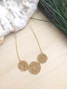 Wire Crochet Trio Necklace - Delicate Lacy Pendant Necklace with 3 Crochet Discs