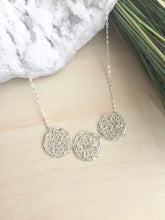 Load image into Gallery viewer, Wire Crochet Trio Necklace - Delicate Lacy Pendant Necklace with 3 Crochet Discs