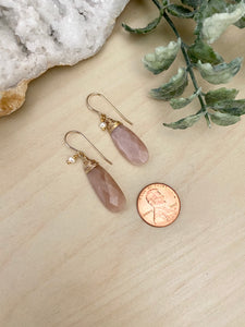 Peach Moonstone Earrings with a Tiny Freshwater Pearl Drop - 14k Gold Filled