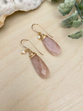 Load image into Gallery viewer, Peach Moonstone Earrings with a Tiny Freshwater Pearl Drop - 14k Gold Filled