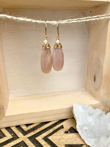 Peach Moonstone Earrings with a Tiny Freshwater Pearl Drop - 14k Gold Filled