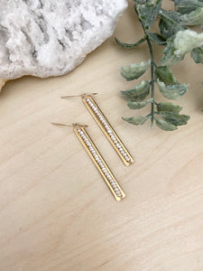 Pearl and Brass Stick Earrings - Tiny White Pearls - 14k Gold Filled Ear wires