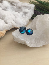 Load image into Gallery viewer, front view of a pair of metallic blue abalone earrings 