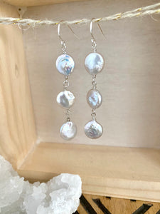 White Coin Pearl Trio Earrings - Sterling Silver