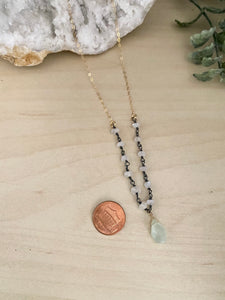 Moonstone and Chalcedony Necklace - Oxidised Silver Wire Wrap with Gold Fill chain Details