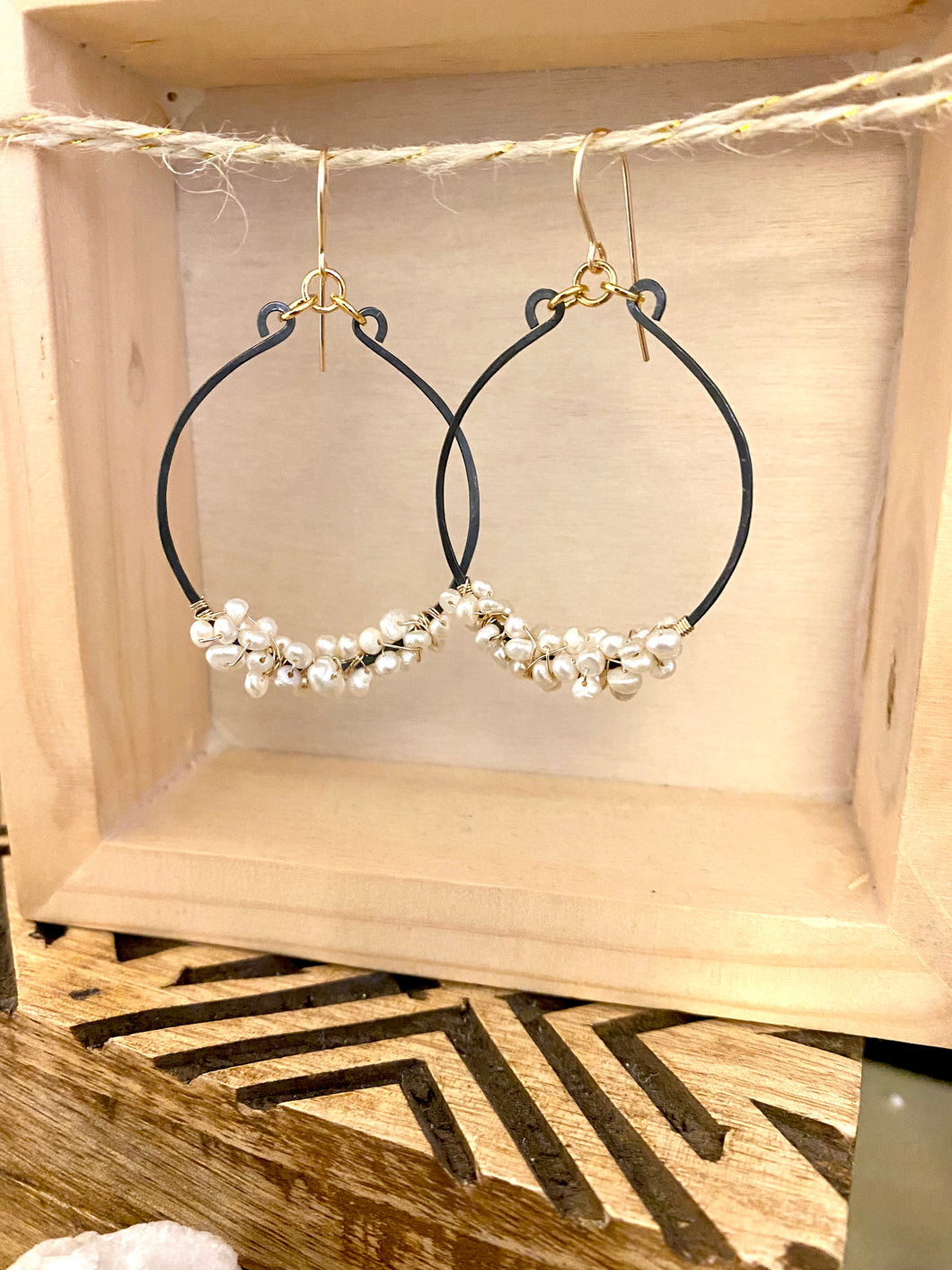 Pearl Cluster on Oxidised Black Hoops - Mixed Metal Earrings - Sterling Silver and Gold Filled