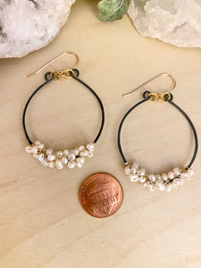Pearl Cluster on Oxidised Black Hoops - Mixed Metal Earrings - Sterling Silver and Gold Filled