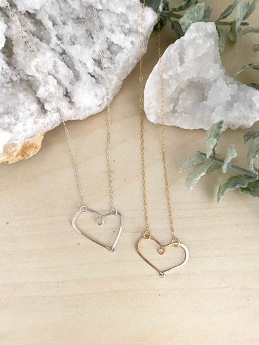Open Hearts Necklace - Hammered textured Heart Necklaces - Sterling silver or Gold Filled