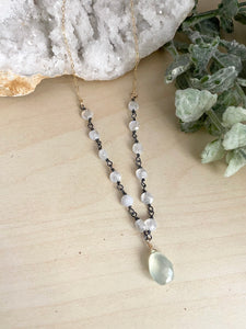 Moonstone and Chalcedony Necklace - Oxidised Silver Wire Wrap with Gold Fill chain Details