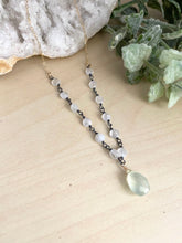 Load image into Gallery viewer, Moonstone and Chalcedony Necklace - Oxidised Silver Wire Wrap with Gold Fill chain Details
