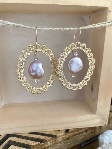 Gold Oval Lace Earrings with Mauve Coin Pearl Drops - 14k gold filled ear wires