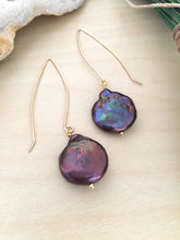 Load image into Gallery viewer, Large Purple Freshwater coin pearls on a long dangling golf fill ear wire 
