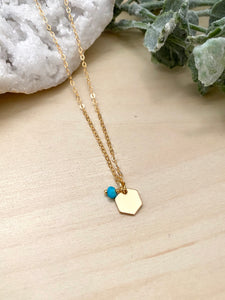 Tiny Turquoise + Hexagon Charm Necklace - Gold Filled