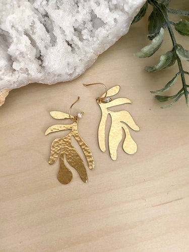 Leaf Earrings with tiny Pearl drop - Gold fill Ear Wires