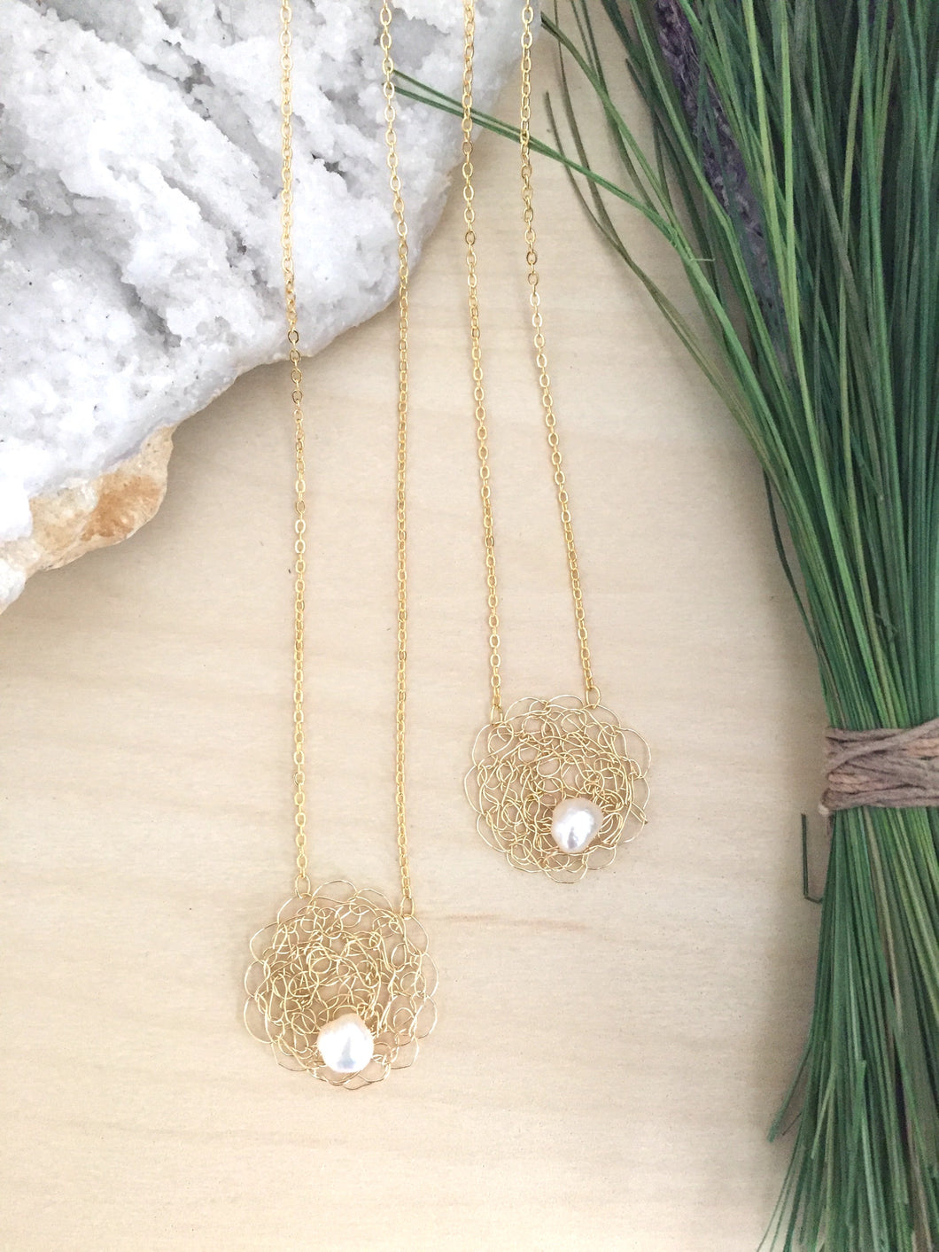 Wire Crochet Sarah Necklace -Delicate Lacy Woven Wire Pendant with Freshwater Pearls