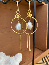 Load image into Gallery viewer, Brass and Freshwater Pearl Statement Earrings - Gold Filled Ear Wires