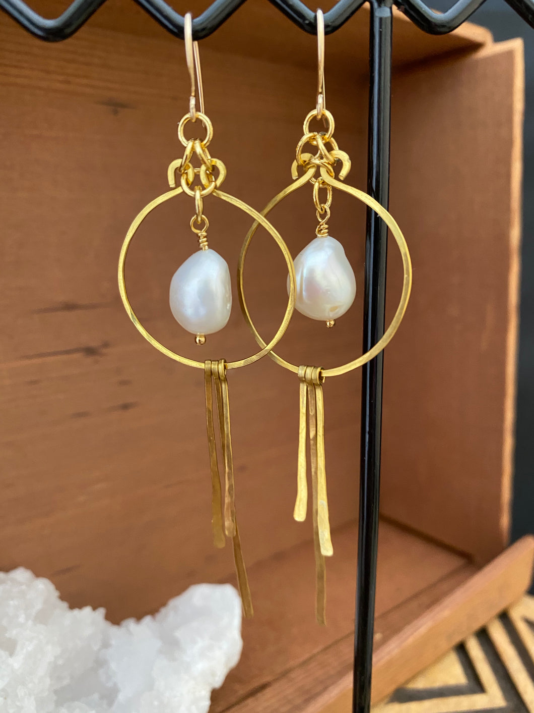 Brass and Freshwater Pearl Statement Earrings - Gold Filled Ear Wires