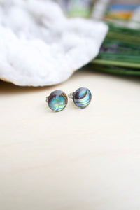 Natural abalone shell round stud earrings on hypoallergenic surgical steel posts