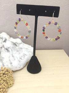 Colorful gemstone beads wire wrapped on gold fill hoops