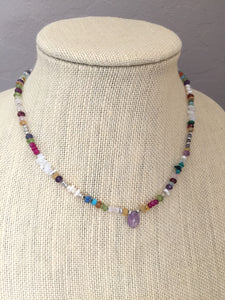 Handknotted short multi colored gemstone neckalce with amethyst, turquoise, moonstone, quartz, peridot, pyrite