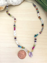 Load image into Gallery viewer, Colorful and dainty gemstone statement necklace with amethyst drop