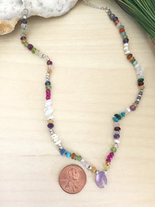 Colorful and dainty gemstone statement necklace with amethyst drop