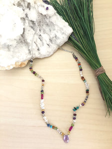 Bright and colorful adjustable gemstone necklace with mixed gemstones 