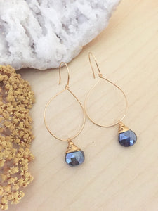 Gold fill hoop earrings with a wire wrapped black labradorite drop 