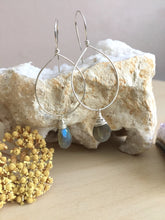 Load image into Gallery viewer, Sterling silver hoop earrings with a wire wrapped labradorite drop 