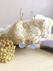 Gold Fill Hoop earrings with a wire wrapped chalcedony gemstone drop 