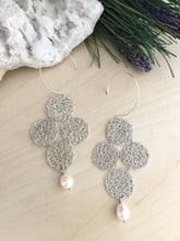 Load image into Gallery viewer, Sterling silver wire crochet quaterfoil design earrings with a white freshwater pearl drop 