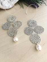 Load image into Gallery viewer, Delicate and lacy woven sterling silver earrings in a quaterfoil design and a feshwater pearl drop