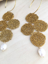 Load image into Gallery viewer, Brass wire crochet earrings pictured close up to show the details of the crochet weave