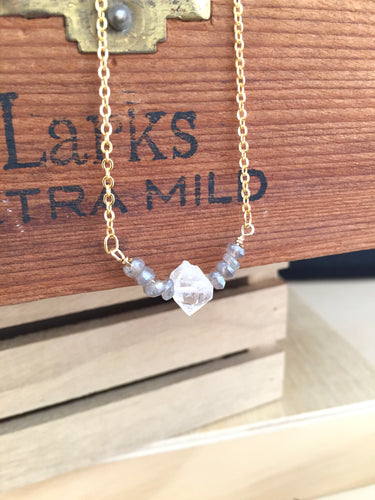 Herkimer Diamond and Labradorite Gemstone V Necklace - Gold finish - April Birthstone