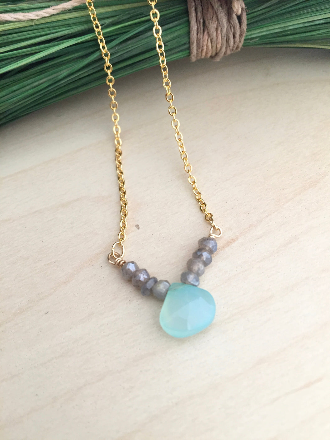 Aqua Chalcedony and grey labradorite v shaped pendant necklace