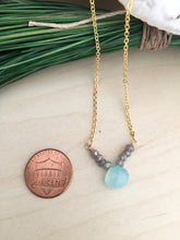Load image into Gallery viewer, Aqua Chalcedony and Labradorite Gemstone V Necklace - Gold finish