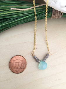 Aqua Chalcedony and Labradorite Gemstone V Necklace - Gold finish